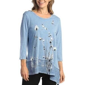 Jess & Jane Blue Tunic Top Small Mineral Washed Floral Asymmetric Tunic Top